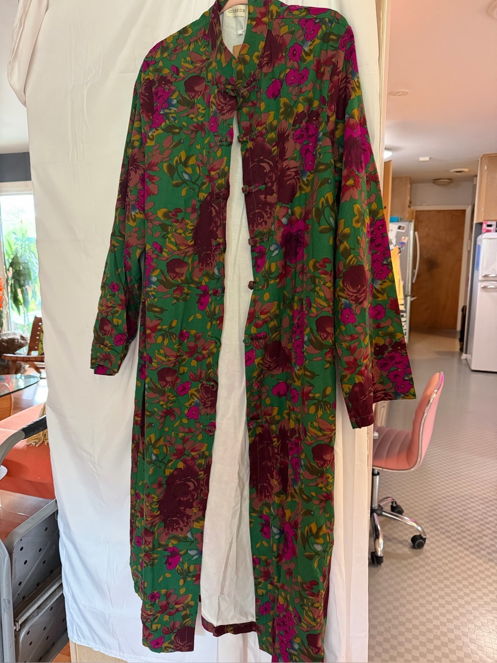 Floral Mandarin Collar Duster Coat - Size XL